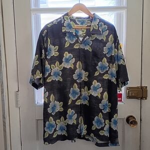 Tommy Bahama Silk Shirt Men's XL Blue Floral Casual Button Down Hawaiian Camp